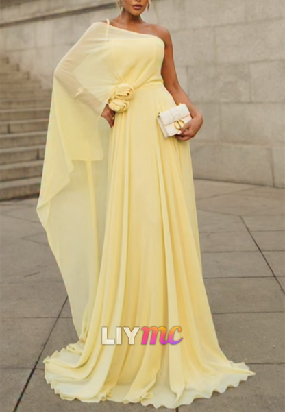 One Shoulder Chiffon Floral Embellished A-Line Evening Dress