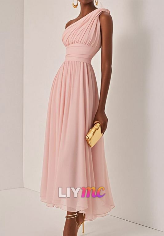 One Shoulder Chiffon Pleated A-Line Wedding Guest Dress