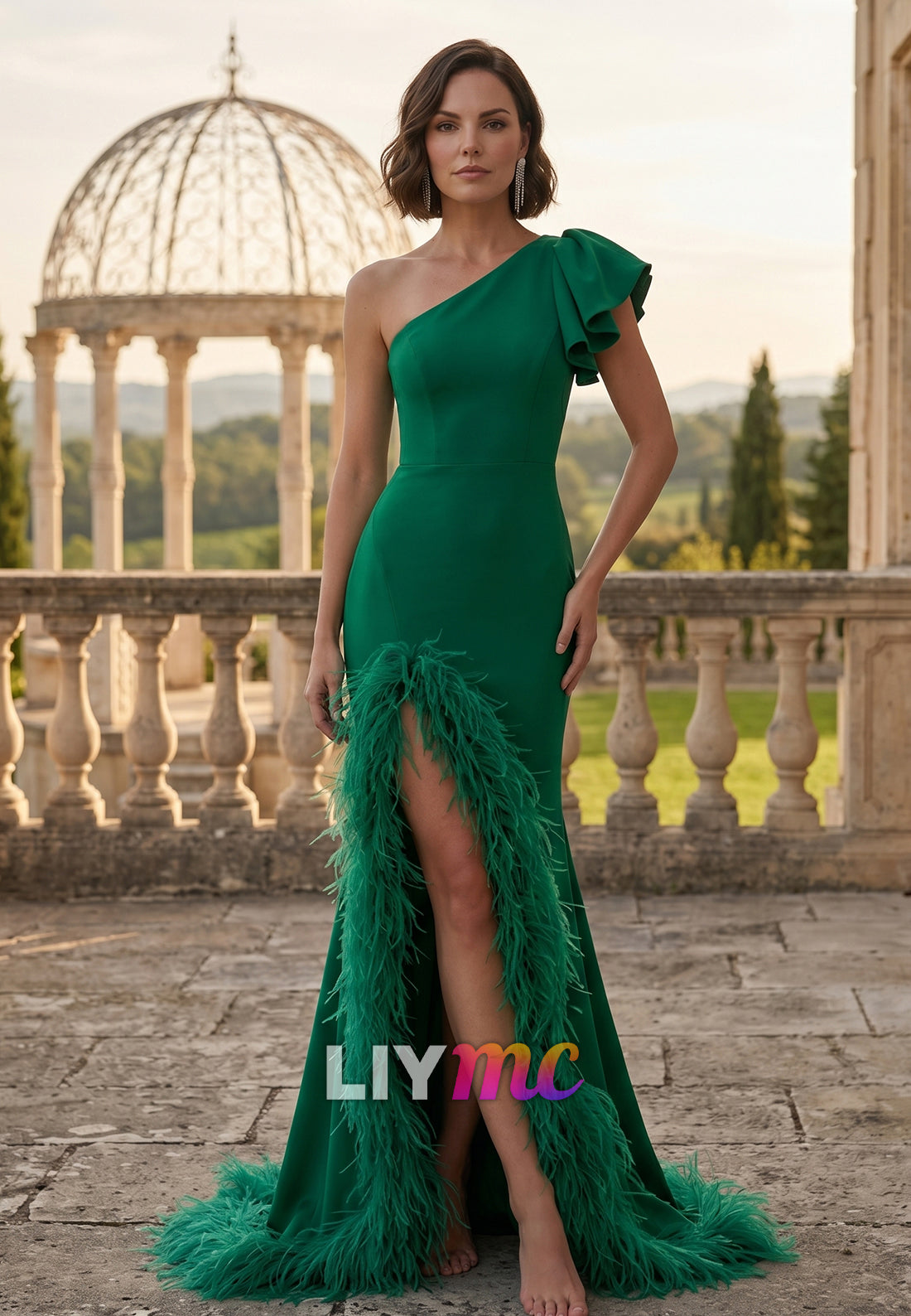 One Shoulder Feathered Side Slit Mermaid Mother of Bride Dress