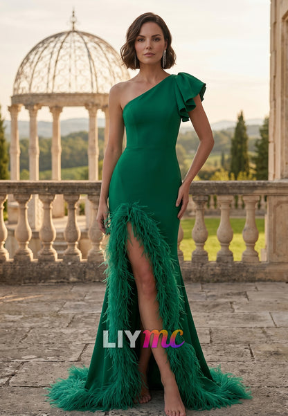 One Shoulder Feathered Side Slit Mermaid Mother of Bride Dress