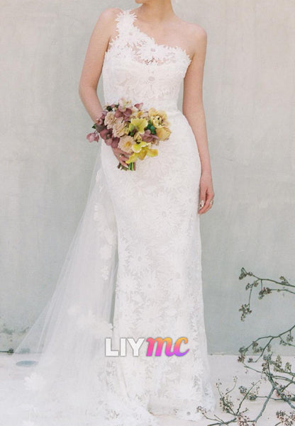One Shoulder Floral Appliques Sheath Boho Wedding Dress