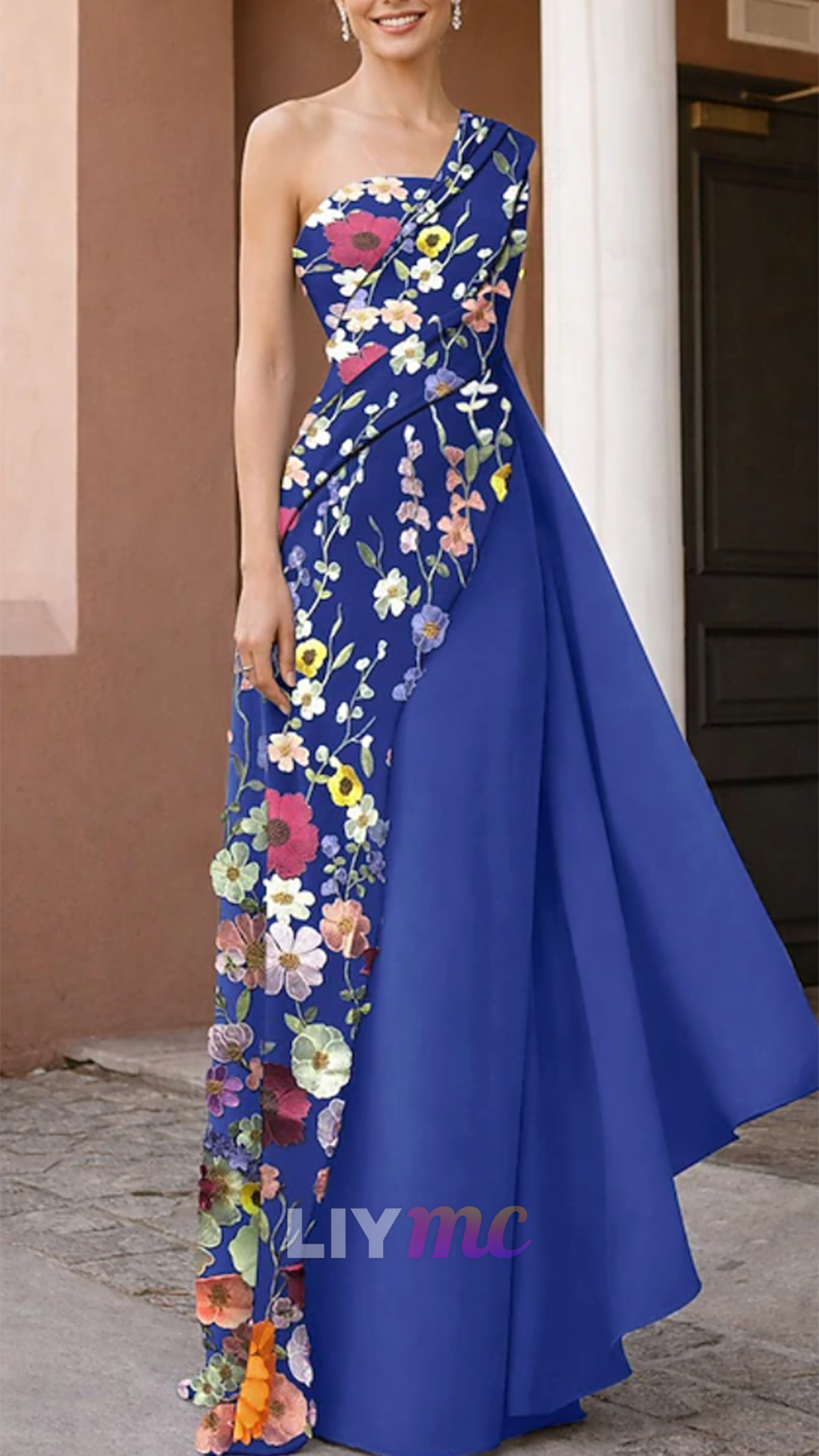 One Shoulder Floral Appliques Sheath Mother of Bride Dress