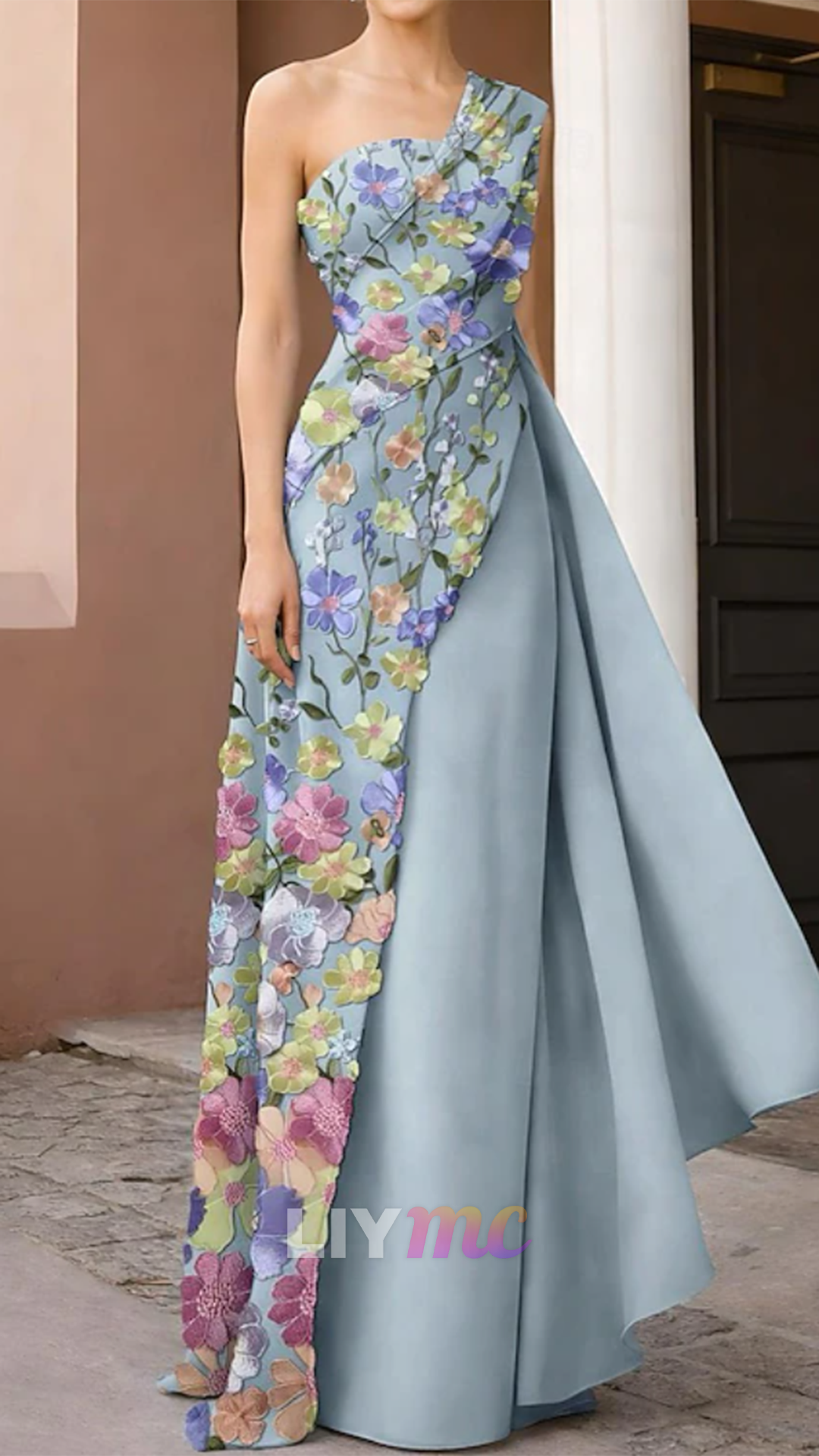 One Shoulder Floral Appliques Sheath Mother of Bride Dress