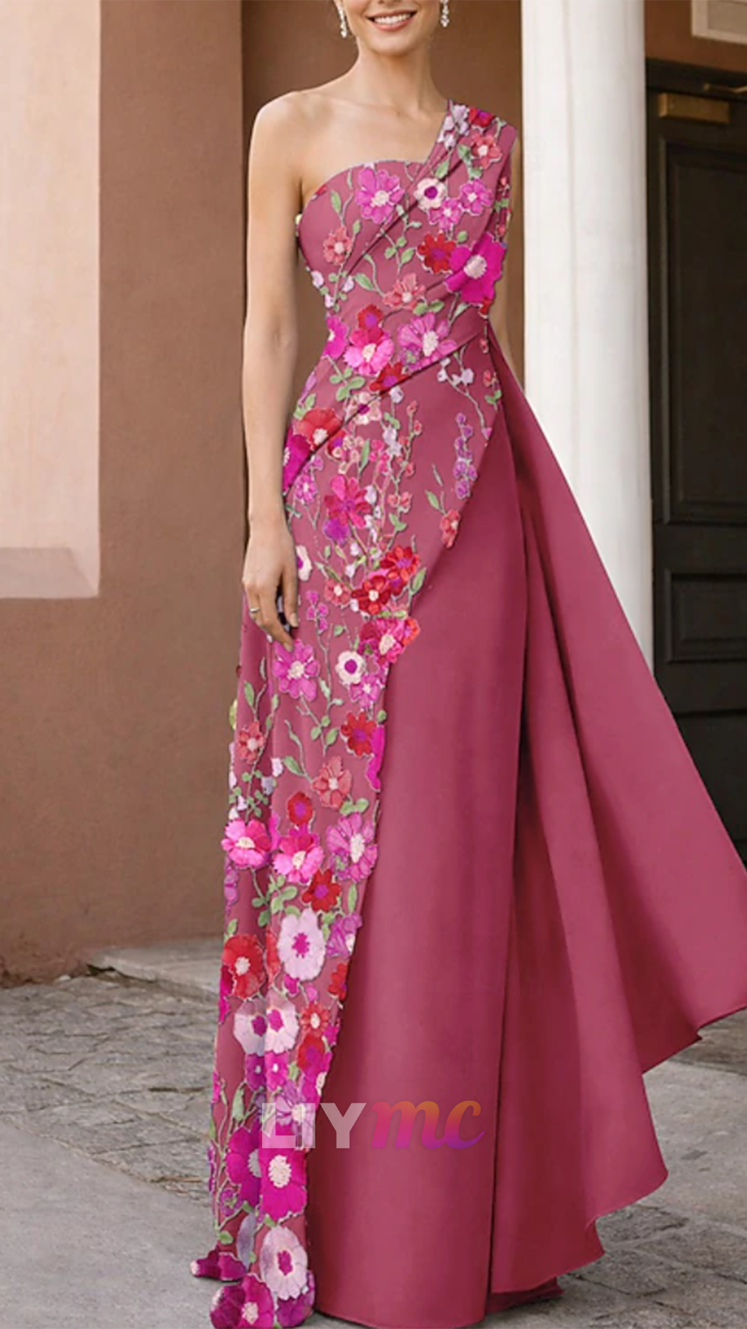 One Shoulder Floral Appliques Sheath Mother of Bride Dress