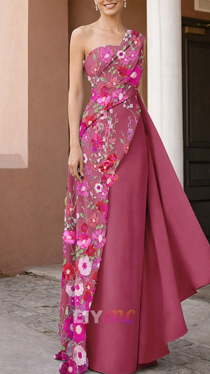 One Shoulder Floral Appliques Sheath Mother of Bride Dress
