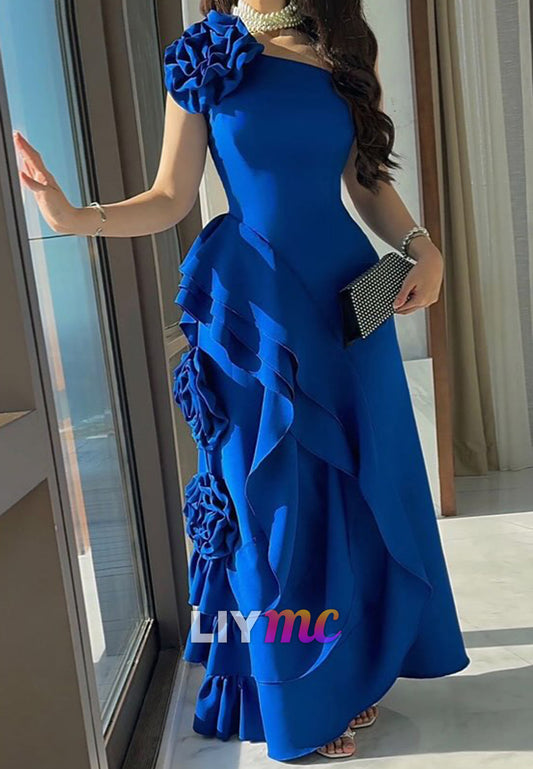 One Shoulder Floral Embellished Ruffled Sheath Evening Dress