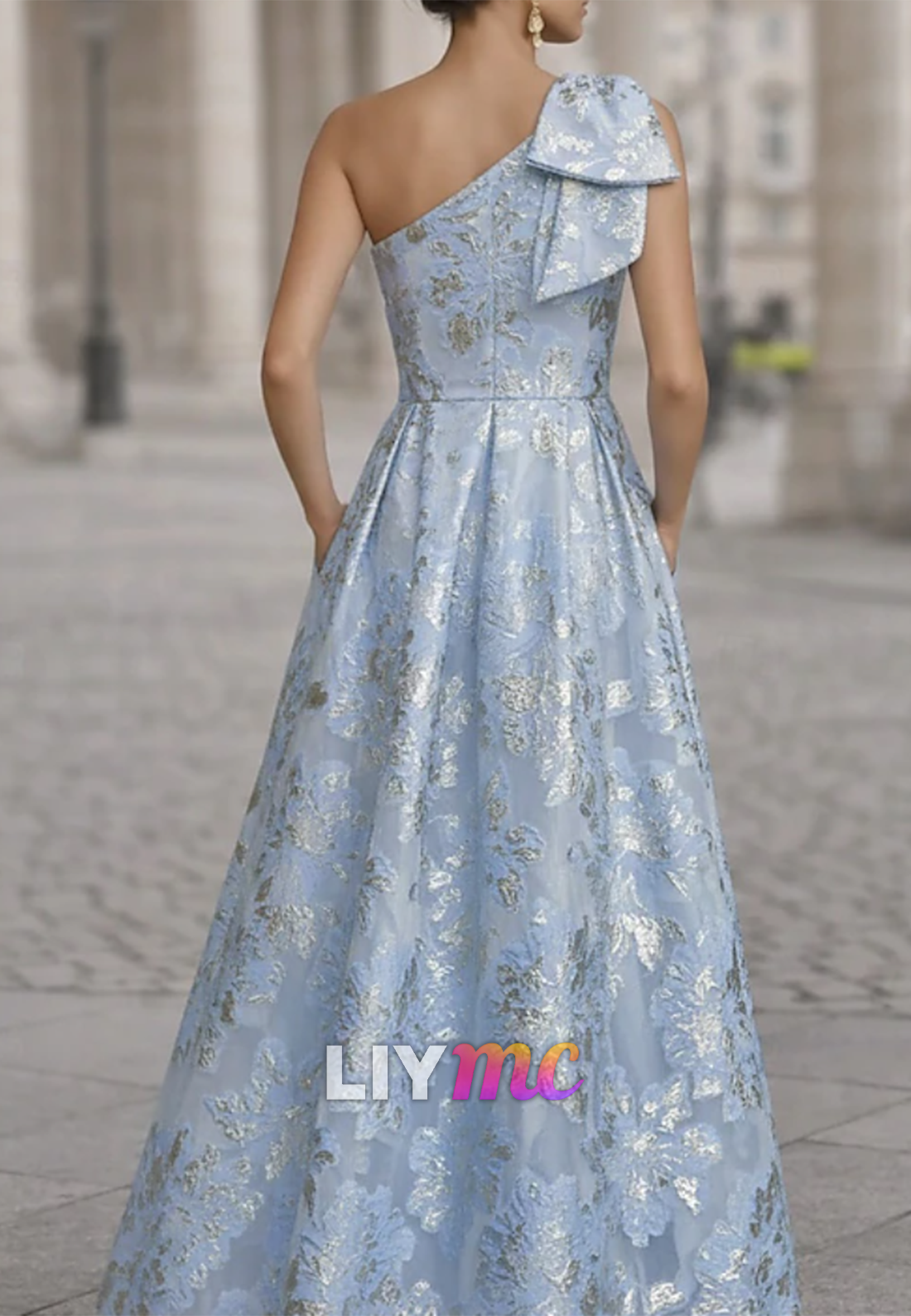 One Shoulder Floral Printed  Bow A-Line Mother of Bride Dress