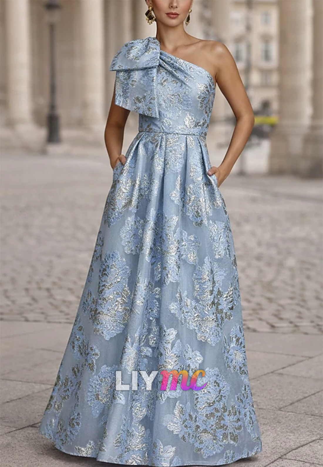 One Shoulder Floral Printed  Bow A-Line Mother of Bride Dress