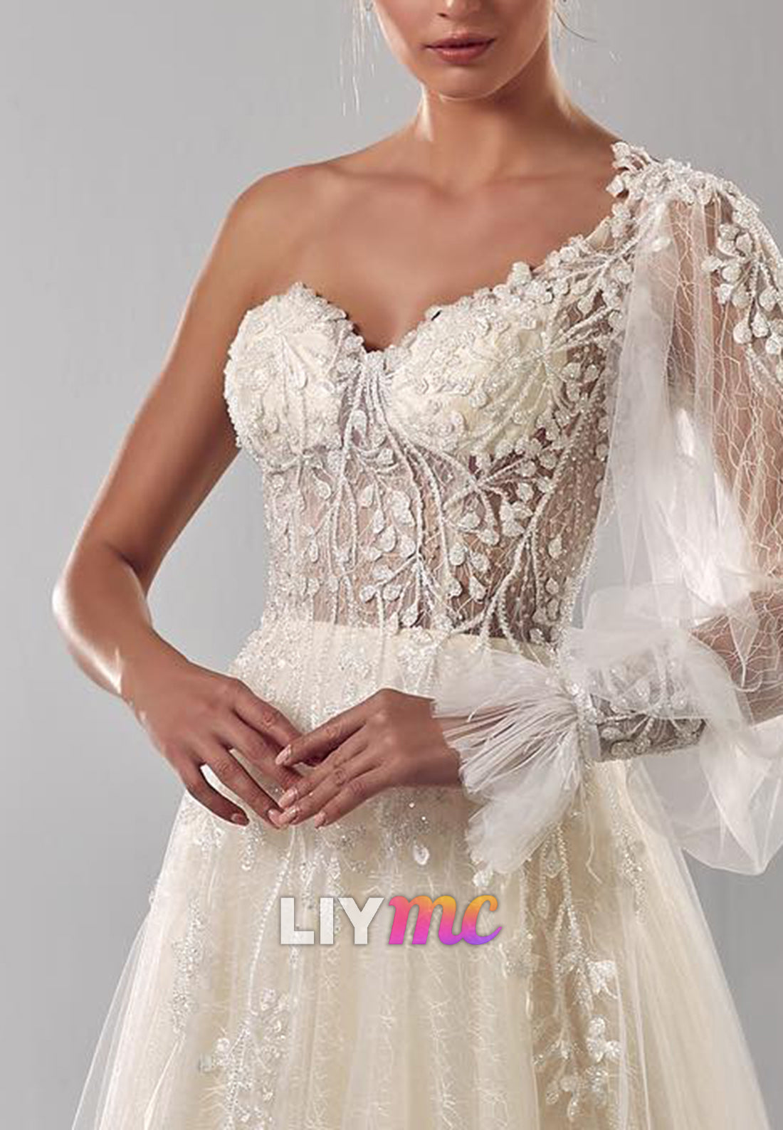 One Shoulder Long Sleeves Appliques A-Line Wedding Dress