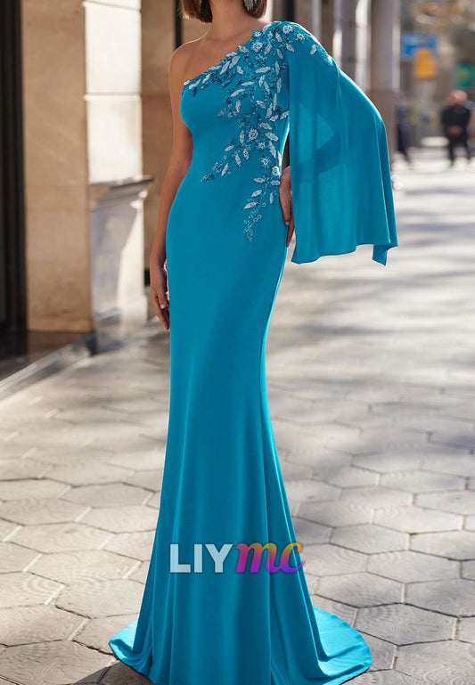 One Shoulder Long Sleeves Appliques Mermaid Mother of Bride Dress