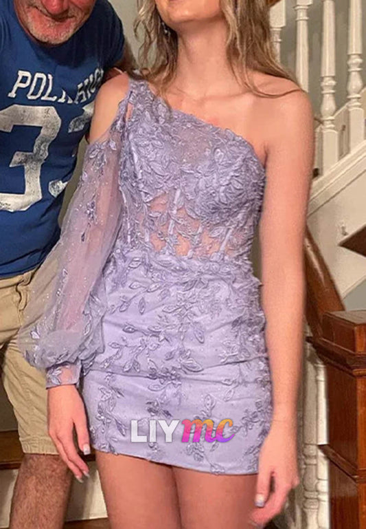 One Shoulder Long Sleeves Appliques Sheath Party Homecoming Dress