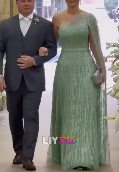 One Shoulder Long Sleeves Beaded Embroidery A-Line Evening Dress