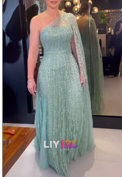 One Shoulder Long Sleeves Beaded Embroidery A-Line Evening Dress