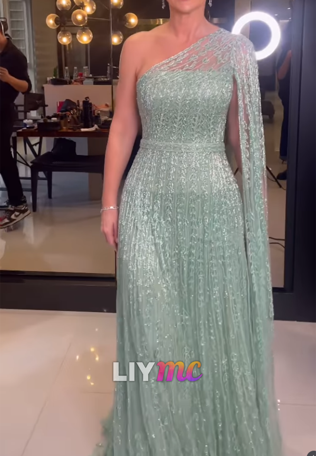 One Shoulder Long Sleeves Beaded Embroidery A-Line Evening Dress