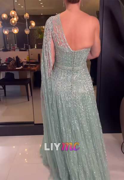 One Shoulder Long Sleeves Beaded Embroidery A-Line Evening Dress