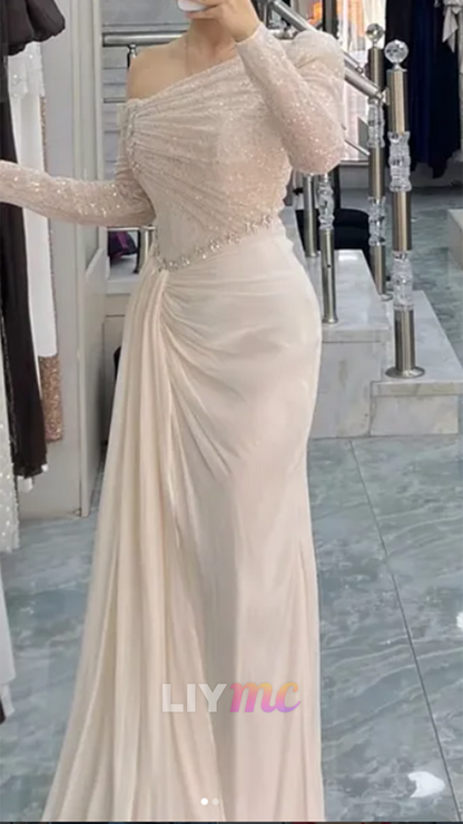 One Shoulder Long Sleeves Beaded Embroidery Mermaid Formal Dress