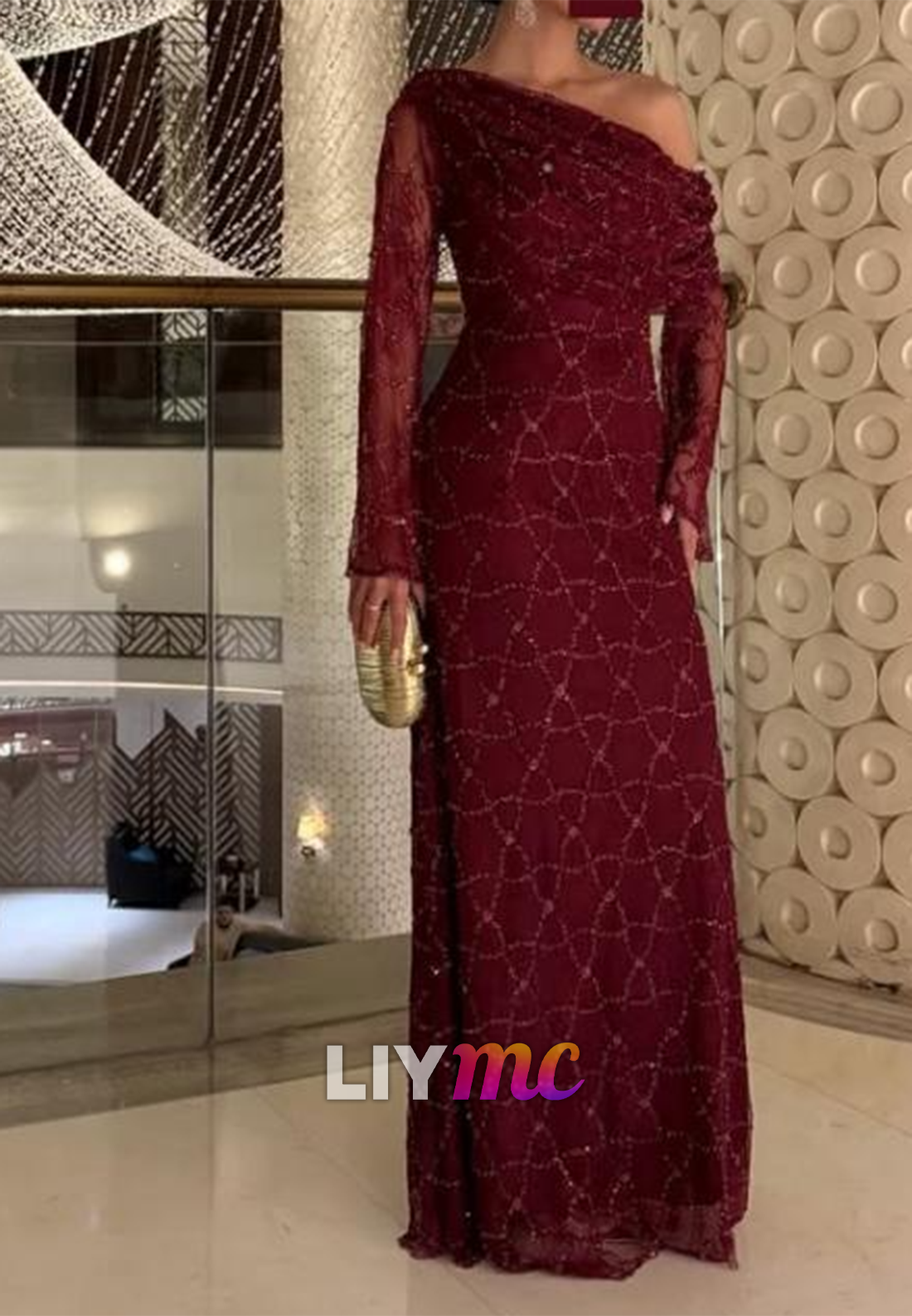 One Shoulder Long Sleeves Beaded Embroidery Sheath Prom Dress