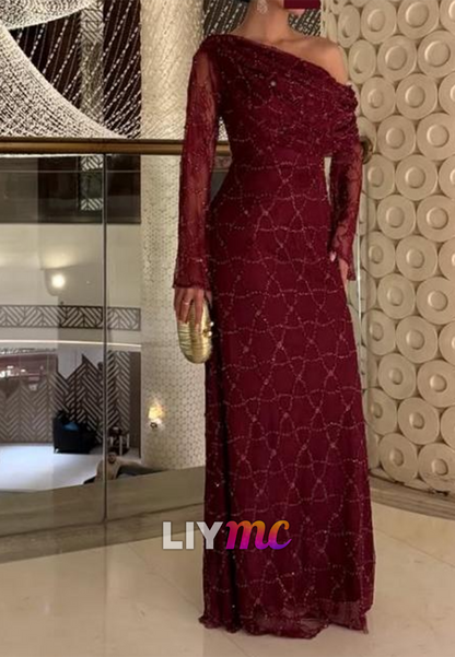 One Shoulder Long Sleeves Beaded Embroidery Sheath Prom Dress