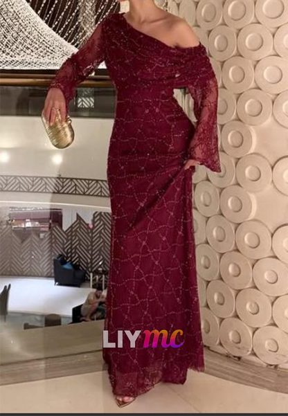 One Shoulder Long Sleeves Beaded Embroidery Sheath Prom Dress