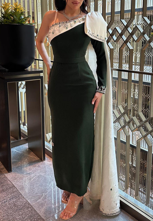 One Shoulder Long Sleeves Beaded Mermaid Evening Dress