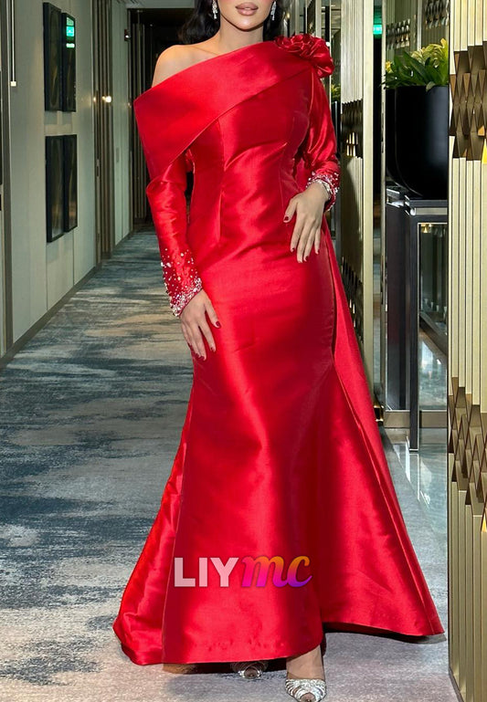 One Shoulder Long Sleeves Beaded Satin Mermaid Evening Dress