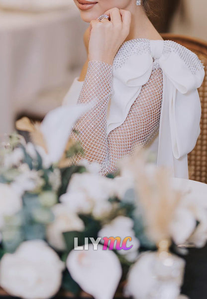 One Shoulder Long Sleeves Bow Sheath Midi Wedding Dress
