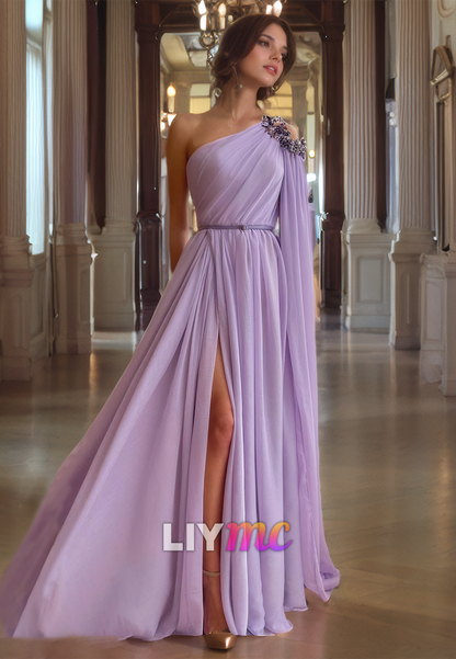 One Shoulder Long Sleeves Chiffon A-Line Prom Dress