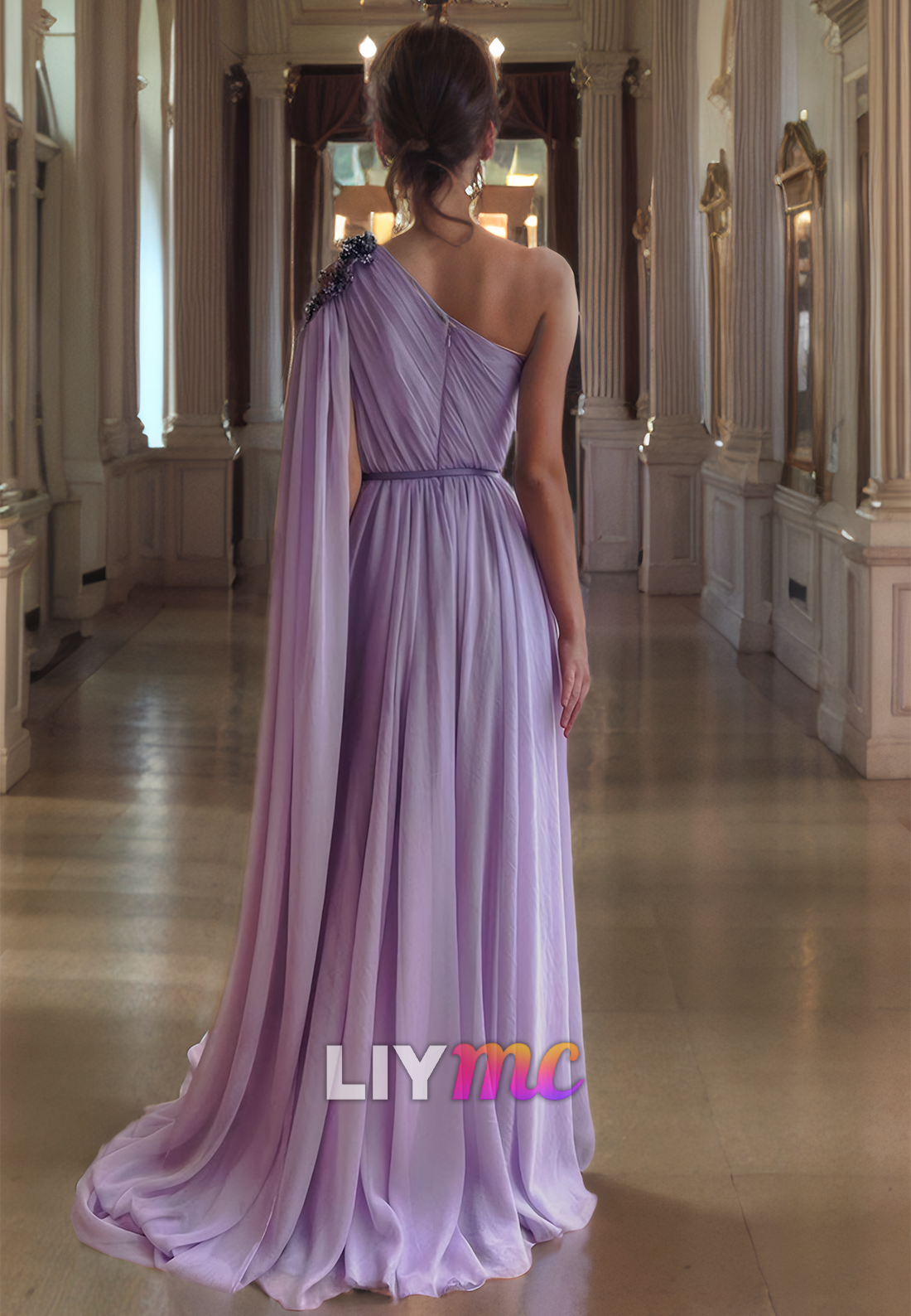 One Shoulder Long Sleeves Chiffon A-Line Prom Dress