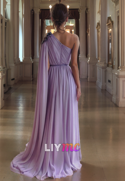 One Shoulder Long Sleeves Chiffon A-Line Prom Dress