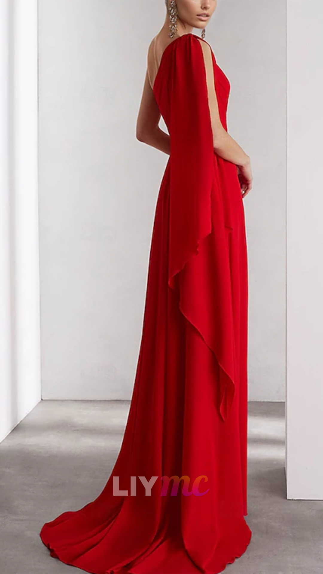 One Shoulder Long Sleeves Chiffon Sheath Mother of Bride Dress