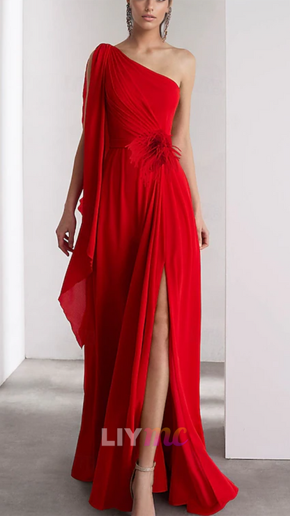One Shoulder Long Sleeves Chiffon Sheath Mother of Bride Dress