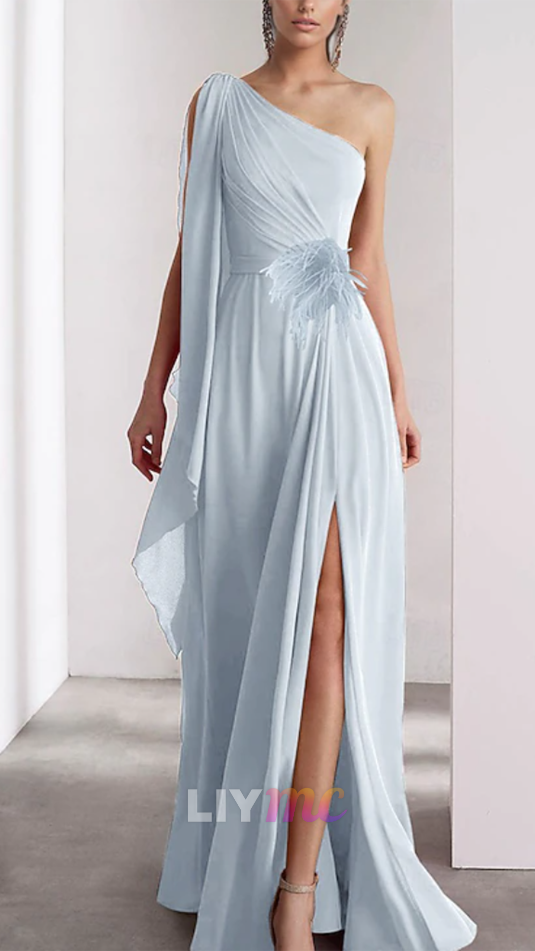 One Shoulder Long Sleeves Chiffon Sheath Mother of Bride Dress