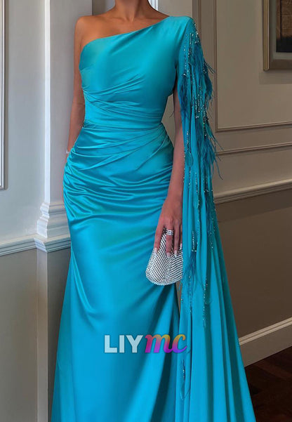 One Shoulder Long Sleeves Feathered Sheath Formal Dress