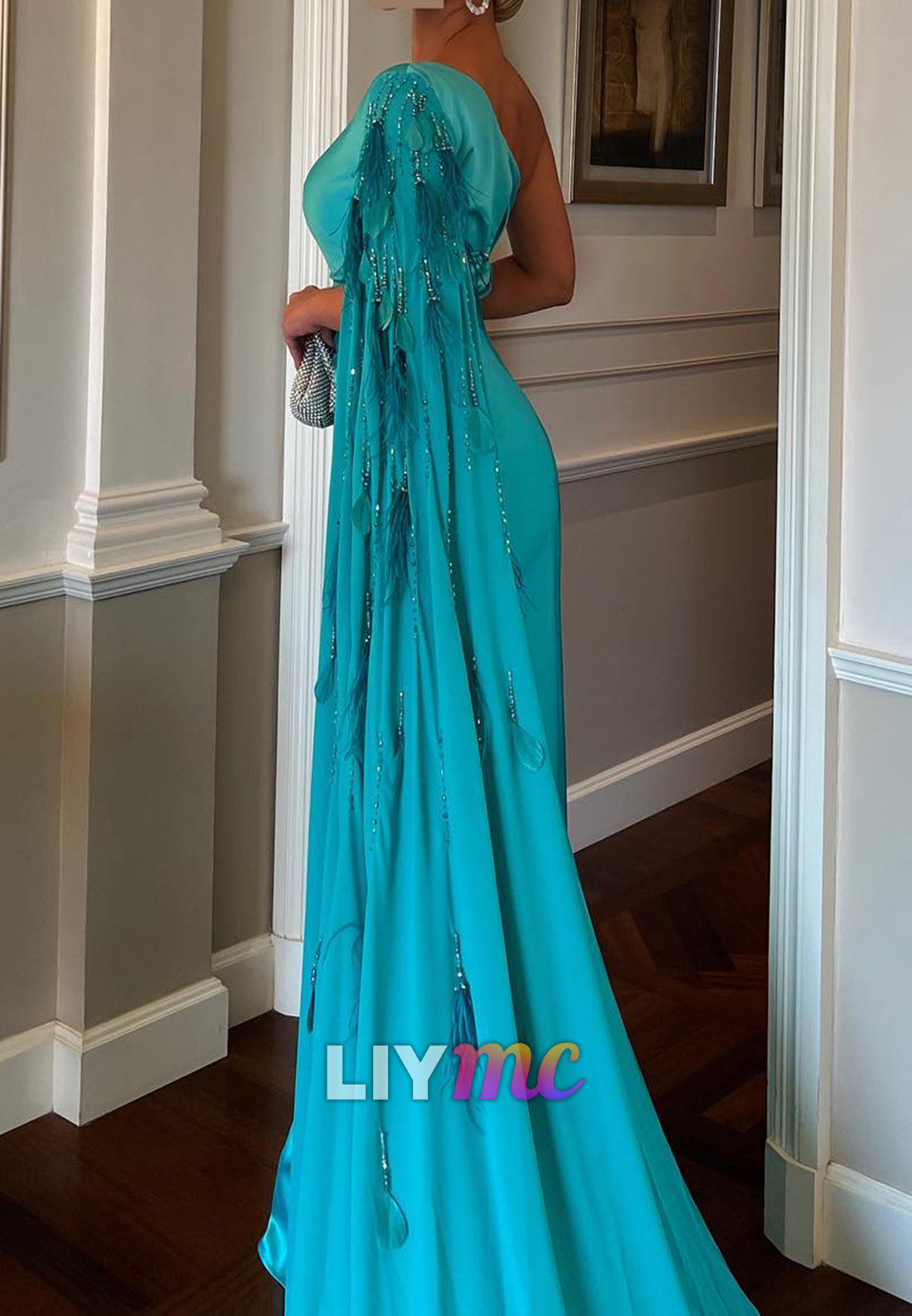 One Shoulder Long Sleeves Feathered Sheath Formal Dress