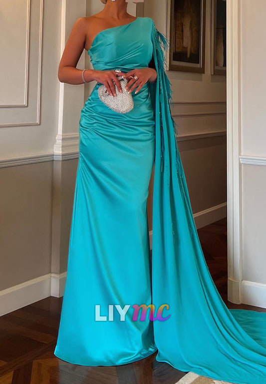 One Shoulder Long Sleeves Feathered Sheath Formal Dress