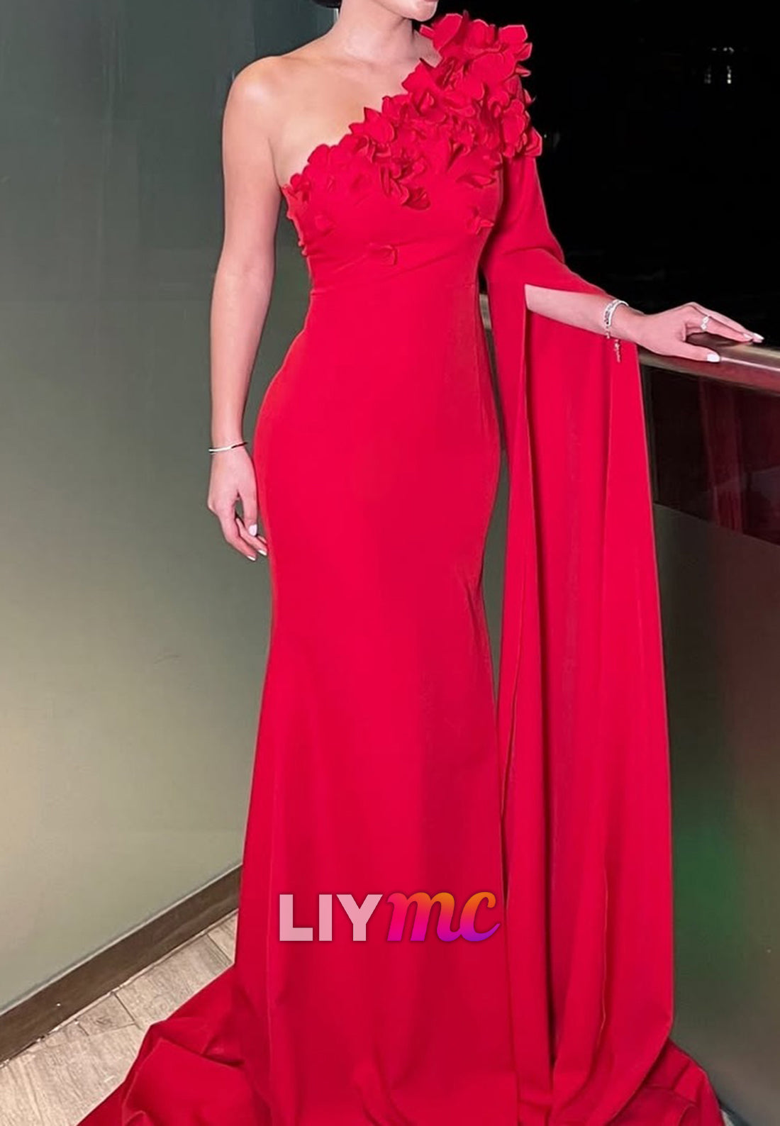 One Shoulder Long Sleeves Floral Embellished Mermaid Evening Dress