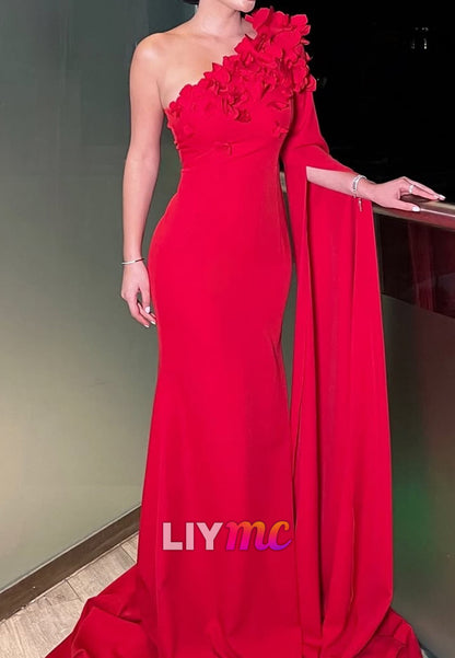 One Shoulder Long Sleeves Floral Embellished Mermaid Evening Dress