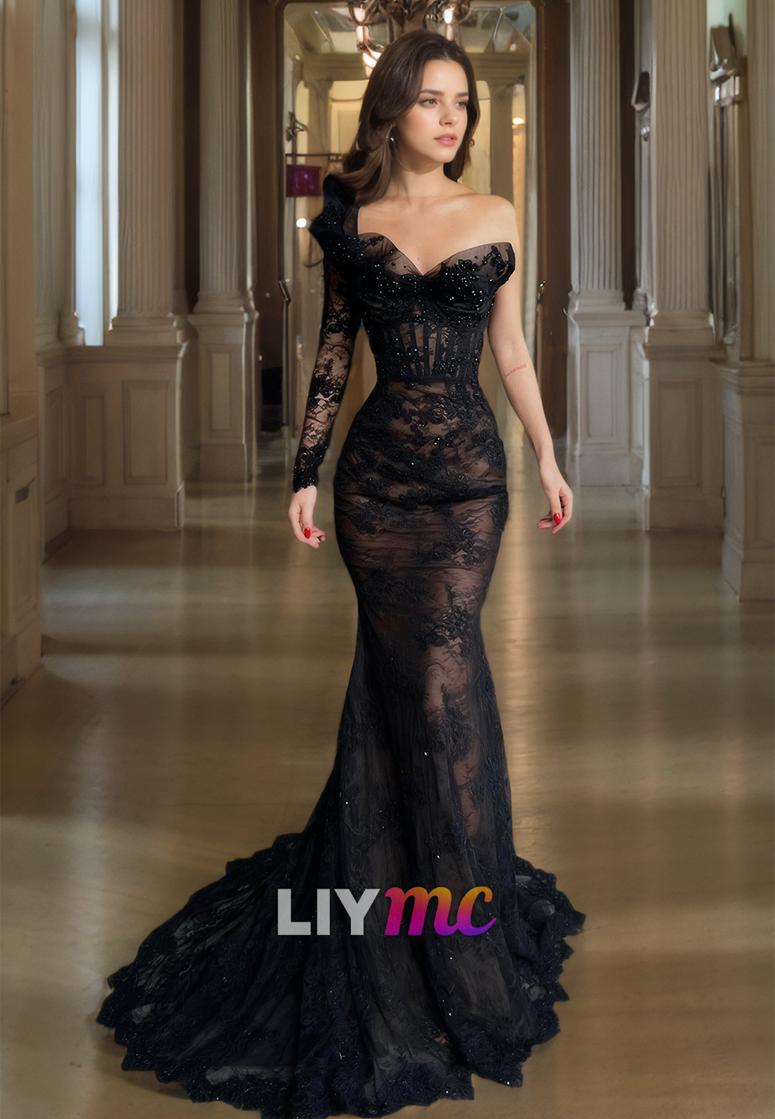 One Shoulder Long Sleeves Lace Appliques Sheer Mermaid Sexy Formal Dress