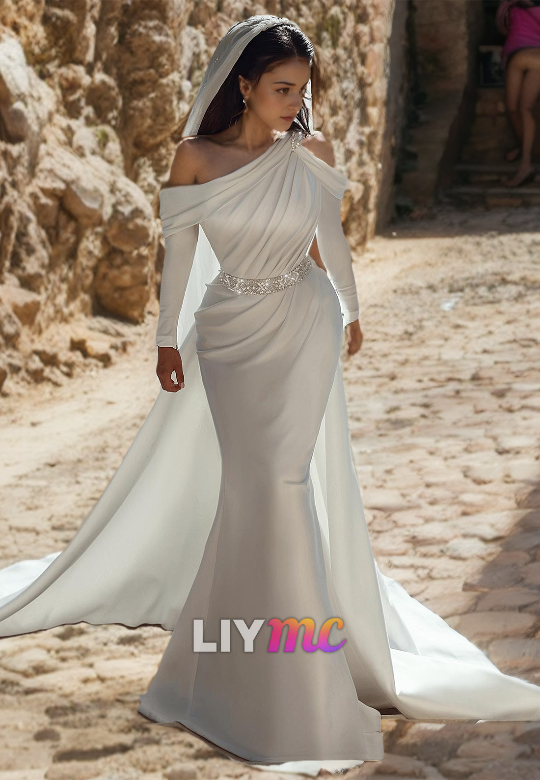 One Shoulder Long Sleeves Mermaid Beach Wedding Dress