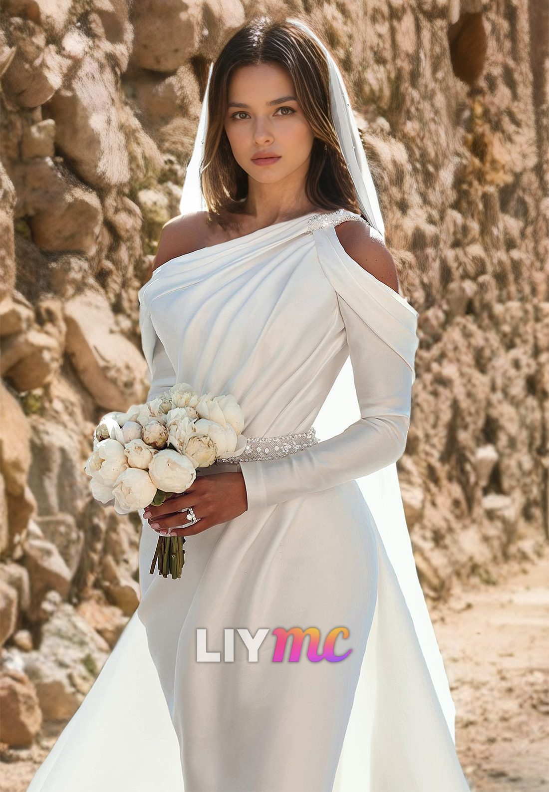 One Shoulder Long Sleeves Mermaid Beach Wedding Dress