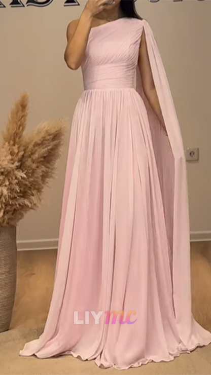 One Shoulder Long Sleeves Pleated A-Line Prom Dress