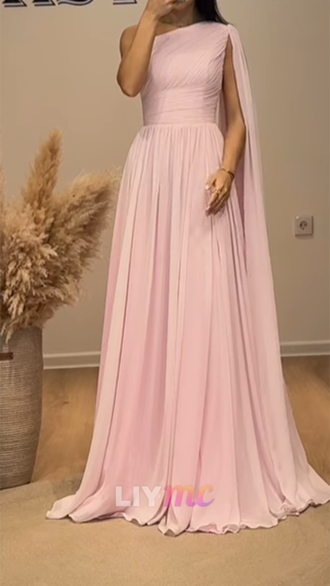 One Shoulder Long Sleeves Pleated A-Line Prom Dress