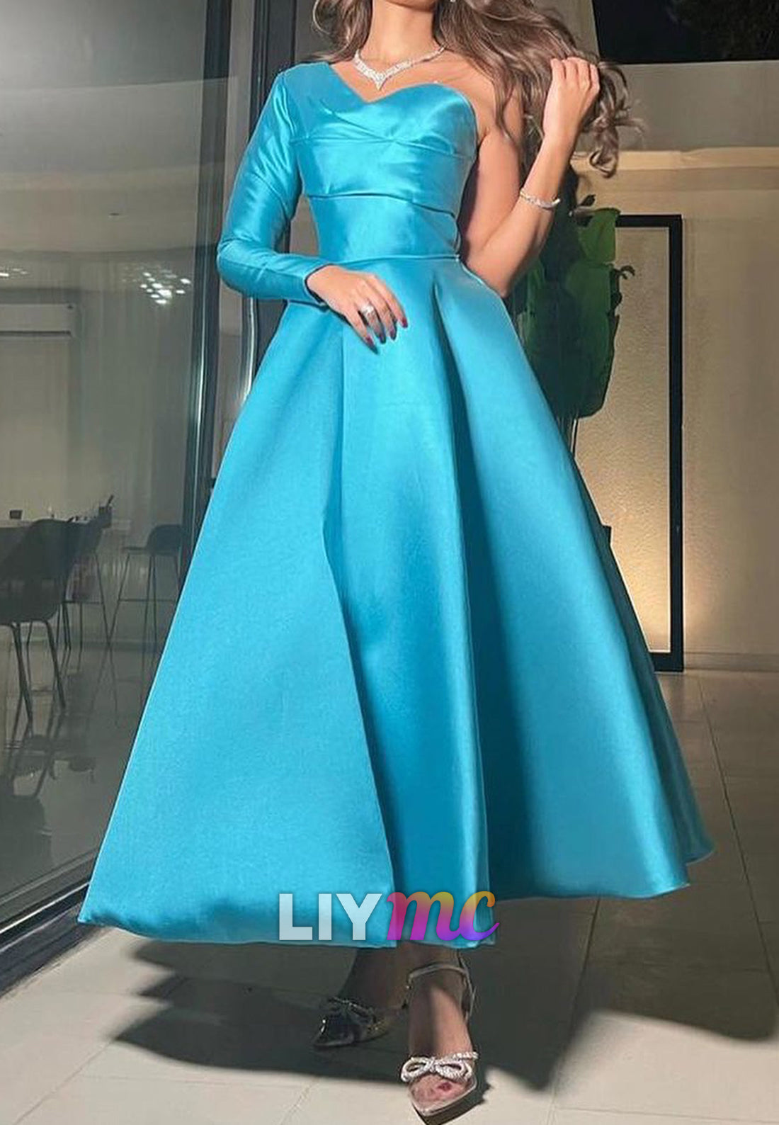 One Shoulder Long Sleeves Pleated Satin A-Line Evening Dress