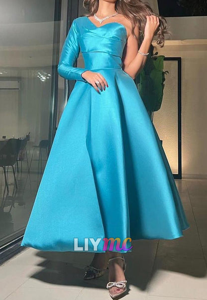 One Shoulder Long Sleeves Pleated Satin A-Line Evening Dress