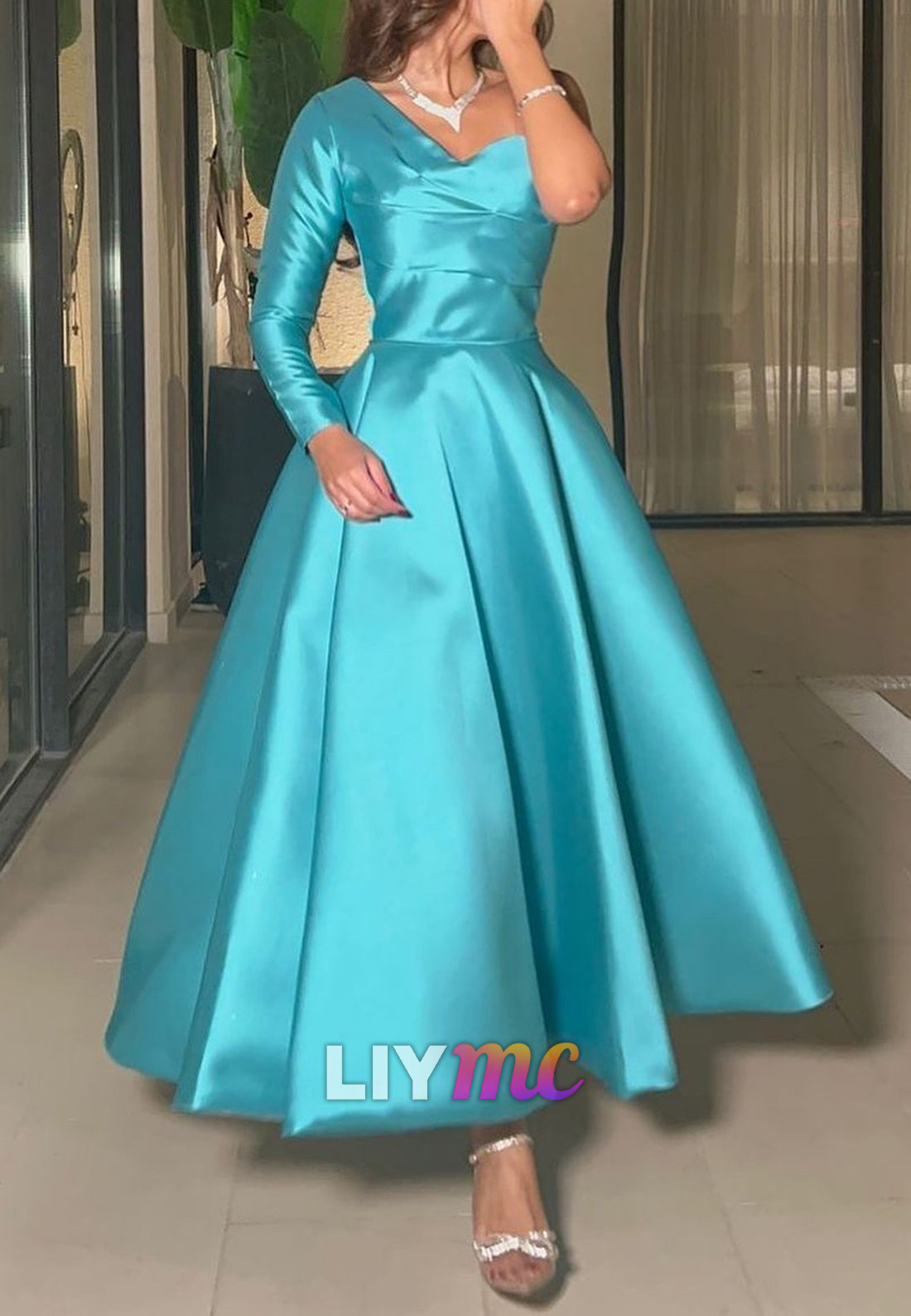 One Shoulder Long Sleeves Pleated Satin A-Line Evening Dress