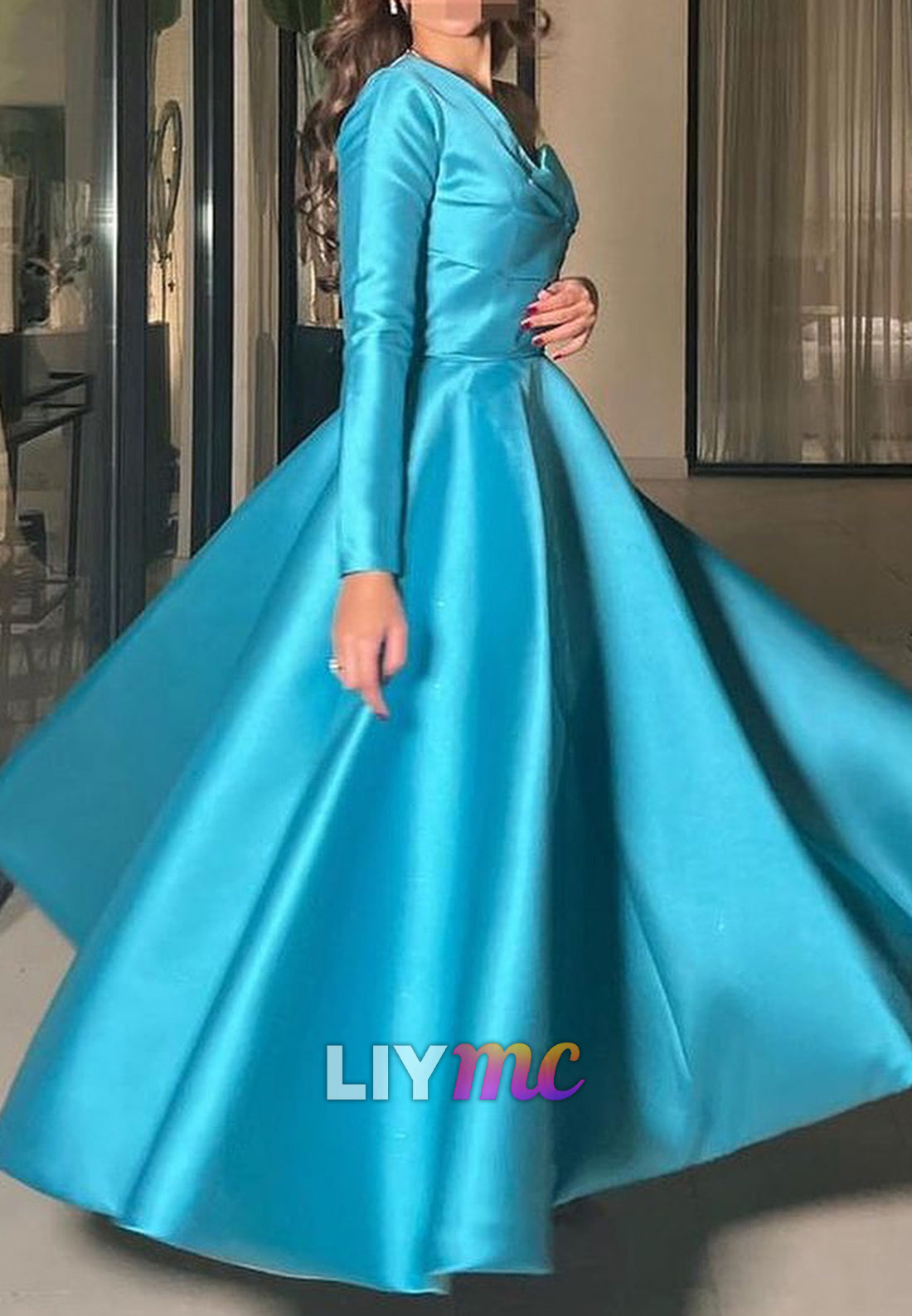 One Shoulder Long Sleeves Pleated Satin A-Line Evening Dress