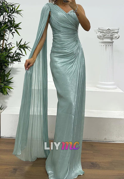 One Shoulder Long Sleeves Pleated Sheath Evening Dress