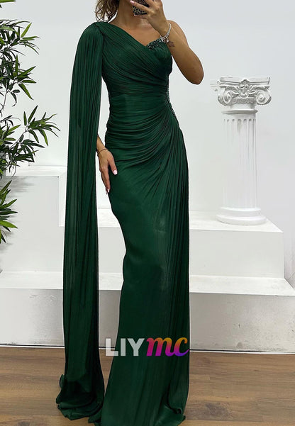 One Shoulder Long Sleeves Pleated Sheath Evening Dress