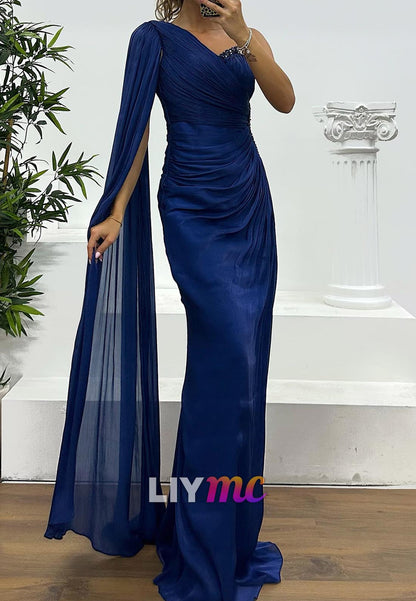 One Shoulder Long Sleeves Pleated Sheath Evening Dress