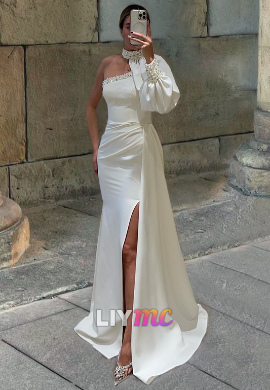 One Shoulder Long Sleeves Ruched High Slit Prom Dress